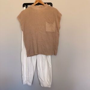 NWT Tan Sleeveless Top with Pocket and White Pants Set
